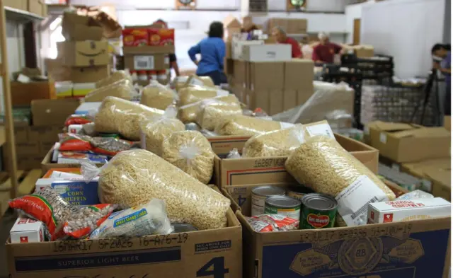 Boxes filled with groceries at the food pantry, Jamestown