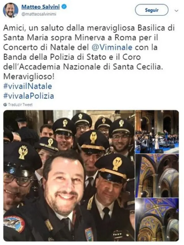Postagem de Salvini no Twitter em que aparece tirando foto com policiais