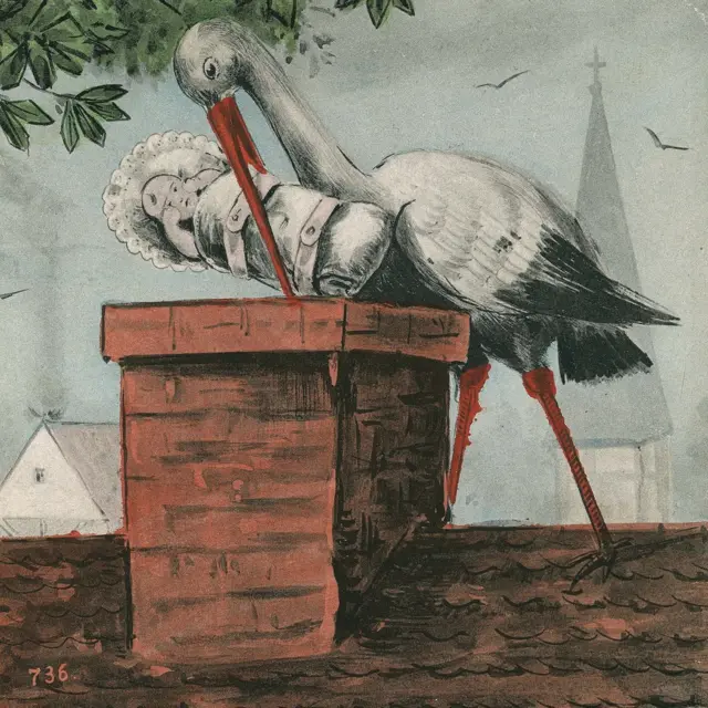 Cigüeña dejando un bebé en la chimenea