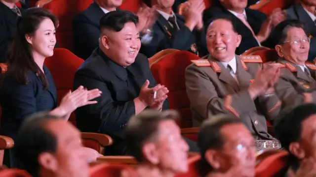 （由左至右）李雪主、金正恩、洪承武和李洪燮