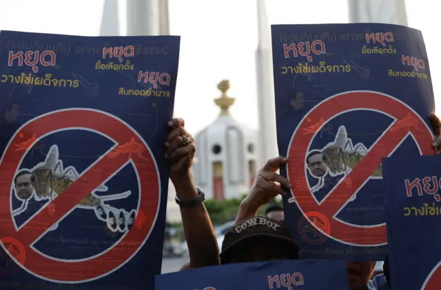 ภาพคนชูป้ายหน้าอนุสาวรีย์ประชาธิปไตย