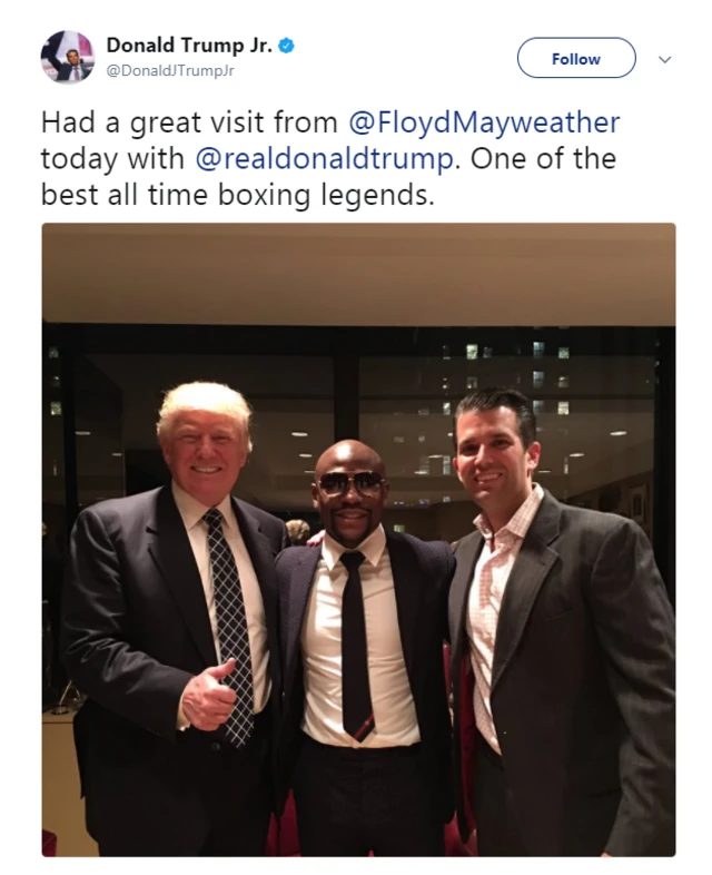 US President Donald Trump, US boxer Floyd Mayweather and Donald Trump Jr.