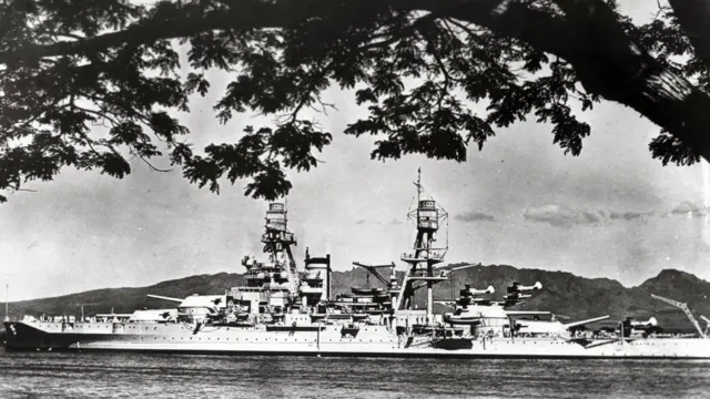 This file photo shows the USS Arizona making its way out of the channel of Pearl Harbor, Hawaii in 1940