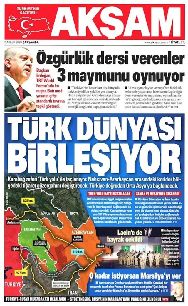 روزنامه آکشام در تیتر اصلی خود در ستایش گذرگاه نخجوان نوشت: "جهان ترکزبان در حال متحد شدن هستند. "