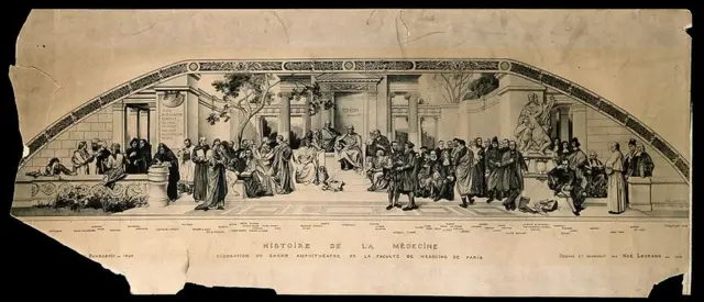 Litografía que empeó U. Bourgeois en 1895 y terminó N. Legrand en 1908, y representa a 56 médicos prominentes en el anfiteatro de la Facultad de Medicina de París. (Foto: Iconographic Collections / Welcome Images vía Wikimedia Commons)