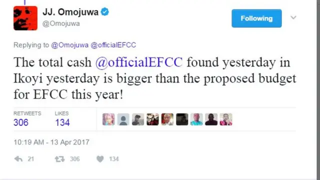 Omojuwa ya ce kudin da EFCC ta gano a Lagos ya fi kasafin kudinta na 2017