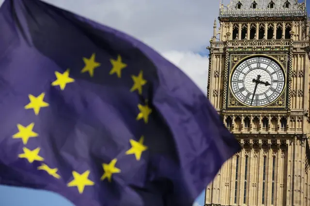Bandera de la Unión Europea y el Big Ben en Londres.