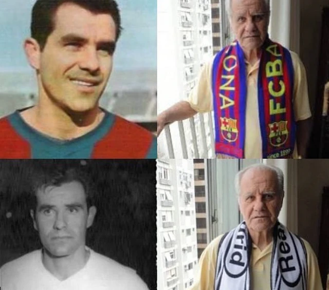 Evaristo pictured playing for Barcelona and Real Madrid in a collage photo that also includes two more recent images, pictured at home wearing the scarves of both sides