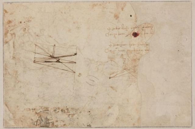 作品背面有兩處更小的科學草圖，還有從右到左寫的筆記，達芬奇以從右到左的書寫習慣著稱。