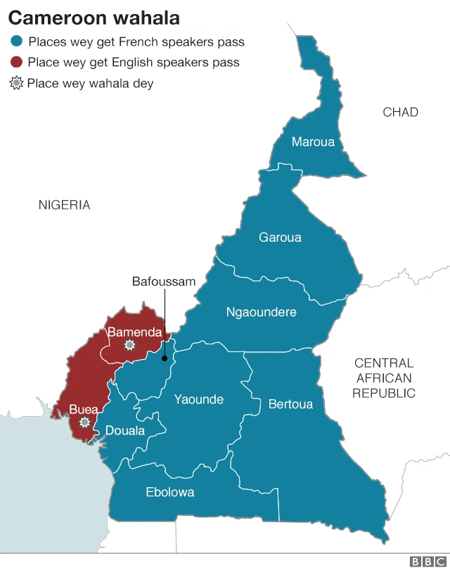 Map wey show wia trouble dey for Cameroon