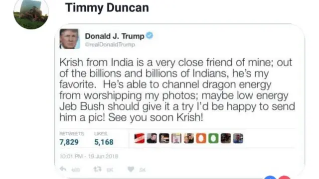 ట్రంప్ చేసినట్లుగా చెబుతున్న ట్వీట్