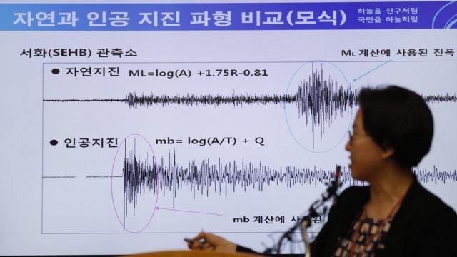 韩国气象厅国家地震中心主任李美善向记者讲解朝鲜核试验所造成的人工地震（3/9/2017）
