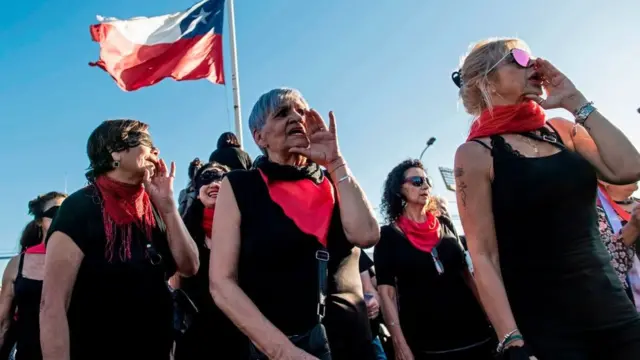 Mujeres protestando con la coreografía "Un violador en tu camino" en Santiago