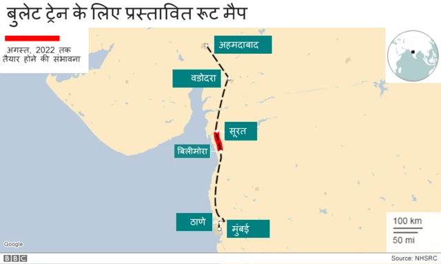 बुलेट ट्रेन के लिए प्रस्तावित रूट मैप