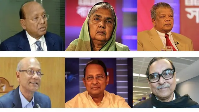 মন্ত্রিসভা থেকে যারা বাদ পড়েছেন: (উপরে বাম থেকে) তোফায়েল আহমেদ, মতিয়া চৌধুরি, আমির হোসেন আমু, (নিচে বাম থেকে) নুরুল ইসলাম নাহিদ, হাসানুল হক ইনু এবং রাশেদ খান মেনন।