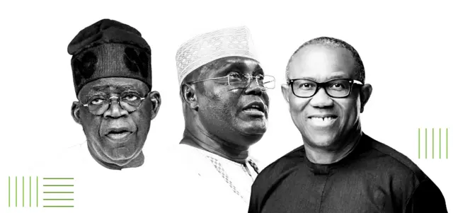 Bola Tinubu (à gauche), Atiku Abubakar (au milieu)) et Peter Obi (à droite)