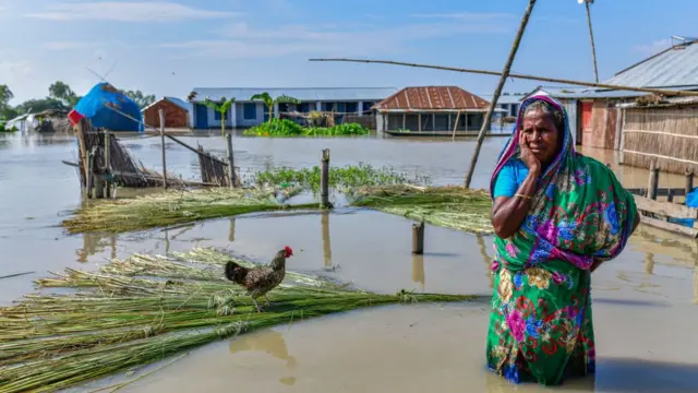 বগুড়ায় বন্যায় নিজ গ্রামের তলিয়ে যাওয়া বাড়ি-ঘরের মাঝে একজন নারী, ১৭/০৭/২০২০