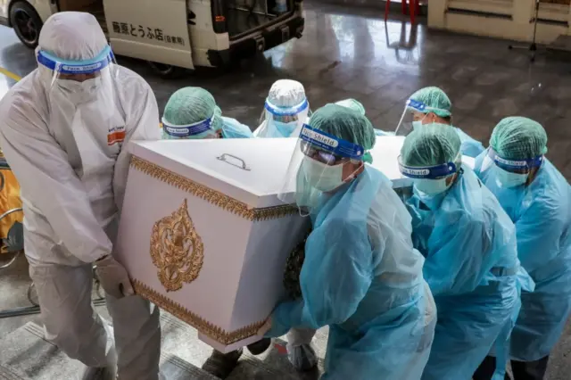 เจ้าหน้าที่ขนโลงศพของผู้ป่วยโควิดที่เสียชีวิตขึ้นเมรุเผาศพ