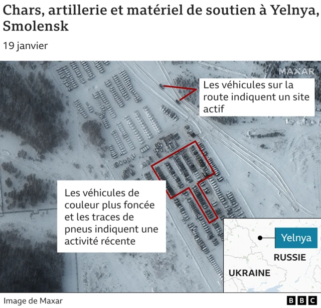 Image satellite de la position des chars et de l'artillerie russe