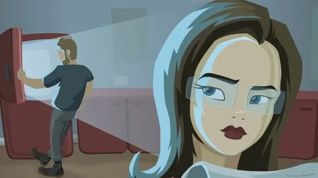 Ilustração com uma mulher no primeiro plano (à direita) e um homem abrindo a geladeira ao fundo (à esquerda)