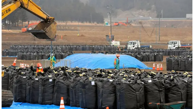 Decontamination work continues on March 2, 2017 in Namie, Fukushima, Japan.