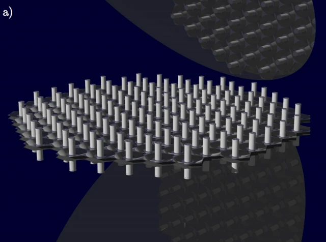 ยานทรงกระบอกหลายลำเชื่อมต่อกันเป็นนิคมอวกาศบนโครงสร้างจานแบน ประกบด้วยกระจกสะท้อนแสงอาทิตย์