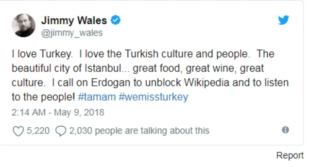 উইকিপিডিয়ার প্রতিষ্ঠাতা জিমি ওয়েলসের টুইট।