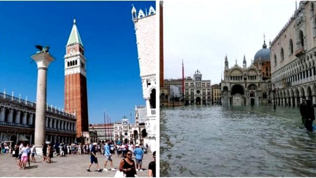 圣马克广场被淹前后的对比
