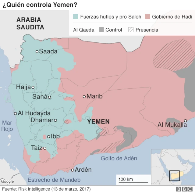 Mapa que muestra quién controla Yemen