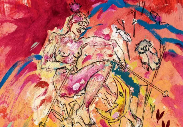 A close-up view of the panting in question in seen, showing the naked woman mid-flight, skis crossed and navigating decapitated animals and an anthropomorphic crescent moon between her legs