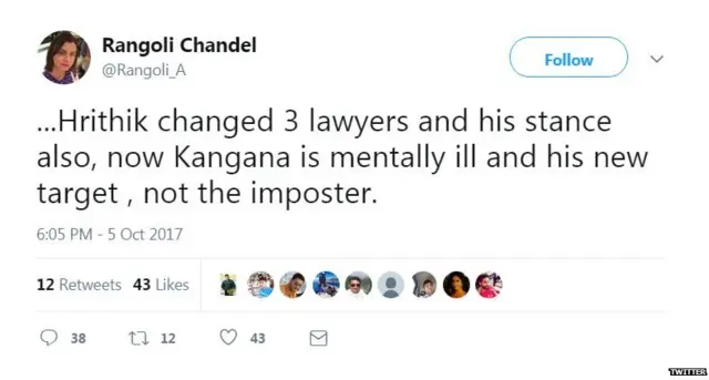 कंगना रनौत, ऋतिक रोशन, रंगोली चंदेल