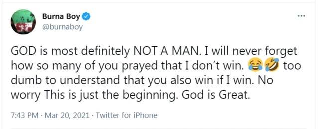 Burna Boy tweet