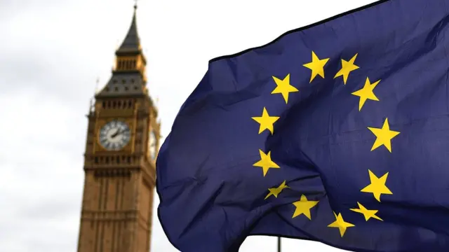 Bandera de la UE frente al Parlamento de Reino Unido