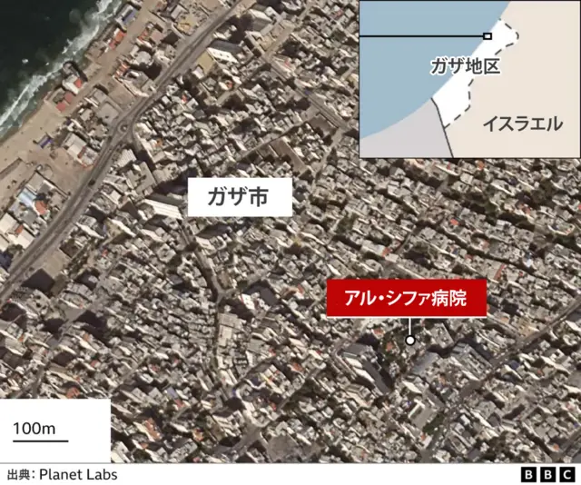 ガザ市内にあるアル・シファ病院の位置