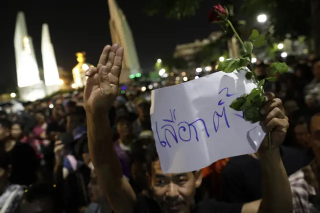 ผู้ชุมนุมชูป้ายเลือกตั้ง