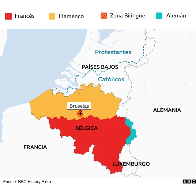 Mapa de Bélgica mostrando separación lingüística y de los alrededores, mostrando división religiosa.