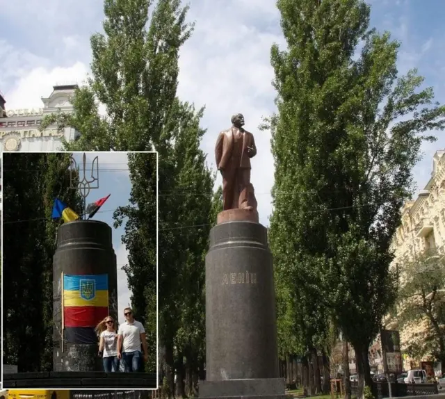 Tượng đài lenin tại trung tâm thủ đô Kiev (Ukraine) và sau khi bị giật đổ trong phong trào Maidan 2014. Giờ chỉ còn phần bệ (ảnh nhỏ)
