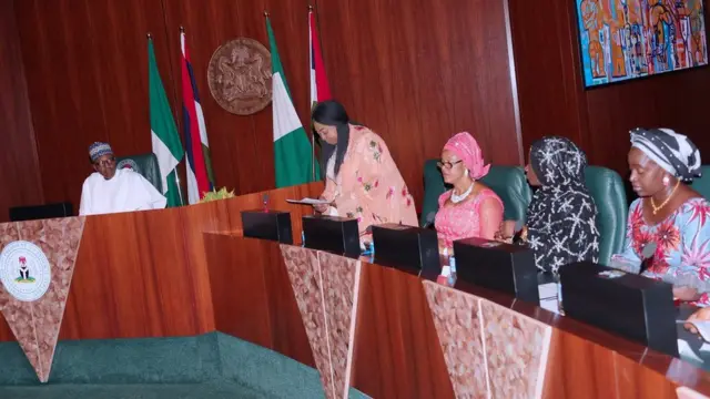 President Muhammadu Buhari wen e dey meet Conference of Nigerian Female Parliamentarians iside Aso Rock on May 25, 2018
