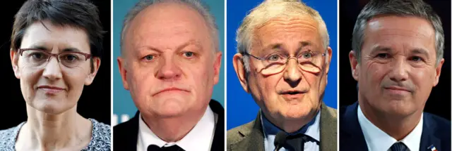 Kushoto hadi Kulia: Nathalie Arthaud, François Asselineau, Jacques Cheminade na Nicolas Dupont-Aignan