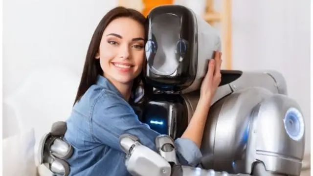 रोबोट के साथ एक महिला