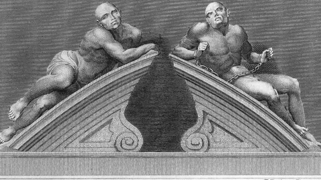 كان تمثالا "الحزن" و "الهذيان"، اللذين يُعتقد أنها وجهان للمرض العقلي، يتوجان بوابات الدخول إلى المستشفى