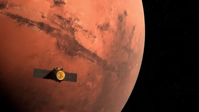 A espaçonave Hope em órbita de Marte, em concepção artística