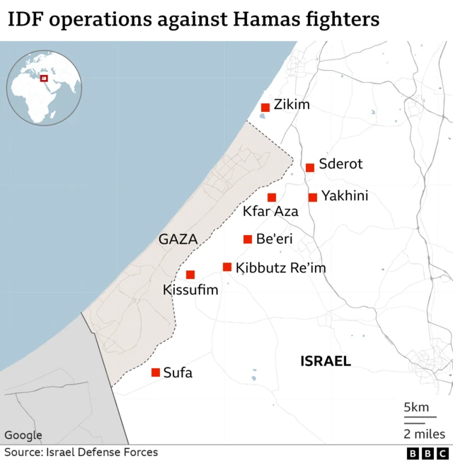 Map showing map of Gaza and Israel with locations of IDF operations against Hamas fighters on 8 October 2023