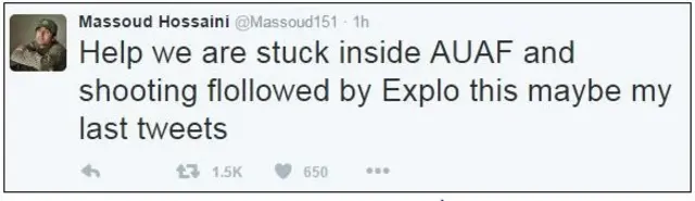 Massoud Hossaini tweets: "Help we are stuck inside AUAF and shooting followed by explo this maybe my last tweets"