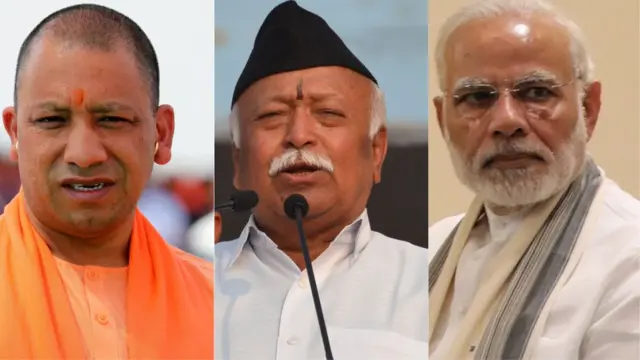 યોગી આદિત્યનાથ, મોદી તથા મોહન ભાગવતની તસવીર