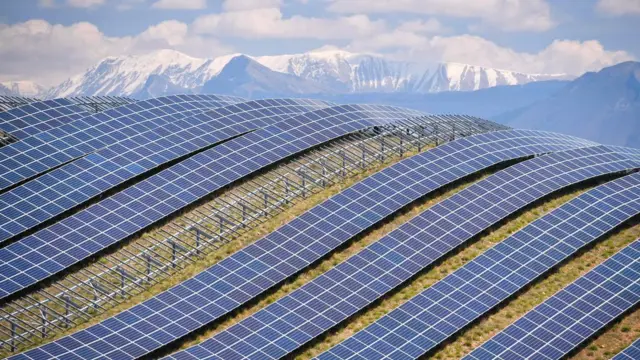 the photovoltaic solar pannels at the power plant in La Colle des Mees, Alpes de Haute Provence, southeastern France, on April 17, 2019