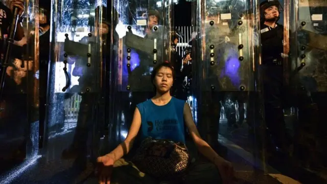 Протестующая девушка перед полицией