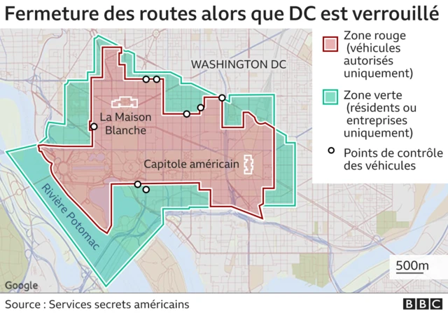 Carte montrant les restrictions sur les véhicules en place dans les zones rouges et vertes temporaires à Washington DC
