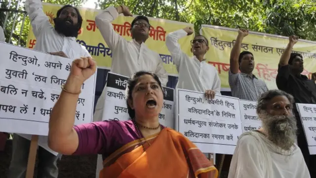 Rashtriya Hindu Andolan activists protest, demanding strict laws to stop Love Jihad at Jantar Mantar, on September 14, 2014 in New Delhi,