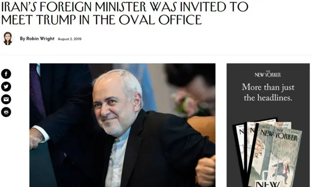 نیویورکر هفته گذشته در گزارشی از دعوت ظریف به کاخ سفید خبر داد؛ دعوتی که به دلیل مخالفت تهران بی نتیجه ماند